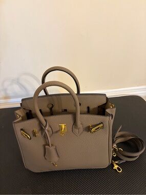 Taupe( a grey beige)  Vegan Leather Top-Handle Satchel with Gold Hardware